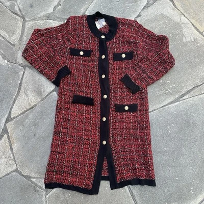 New York Company Cardigan Coat Women Medium Red Black Plaid Knit Metallic Preppy - Image 1 of 4