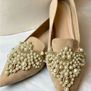 Elegant Ballerina Beige Suede Leather Pearl Crystal Embellished Flats Wedding 9 - Picture 1 of 6