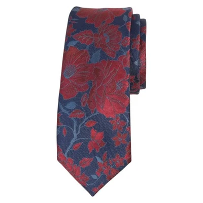 BAR III Mens Slim Floral Tie Navy Blue Woven Burgundy Flowers 2.5 Skinny Necktie - Image 1 of 4