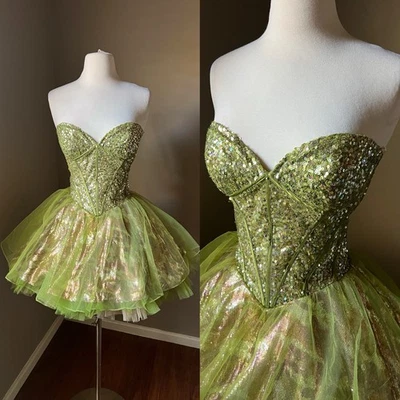 Винтажный Jovani платье размер 8 зеленый мини трубка Puff тюль блестки корсет официальный Y2K - Изображение 1 из 4
