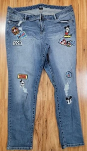 Disney Mickey Mouse Patch Jeans Damen Größe 20 R Stretch Distressed Blau Denim - Bild 1 von 17