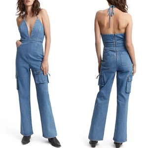 NEW BARDOT Zerah DENIM Cargo Pockets PLUNGE NECK Halter JUMPSUIT US 6 - Picture 1 of 11