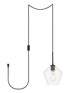Black Pendant Light Fixture Glass Shade Swag Lamp Plug in Living or Dining Room - Picture 1 of 3