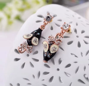 Mouse Earrings Black Enamel Betsey Johnson Rose Gold CZ Bow Asymmetric Boho - Picture 1 of 7