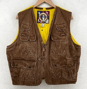 ROBERT STOCK Vest Men M Multipurpose Utility Quilted Zip Snap Lined Brown Yellow - Picture 1 of 17