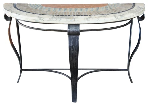 Southwestern Mosaic Tiled Stone Scrolled Iron Base Demilune Console Entry Table Cover