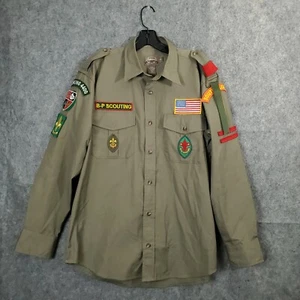 Cabelas Scout Mens Adult Shirt Medium Tan Sewn on patches Long Sleeve Button Up - Picture 1 of 19