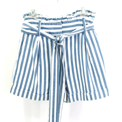 FOREVER 21 Bolsa de Papel Cintura Pantalones Cortos Mujer XS Azul Blanco Rayas Cinturón Boho Hippie Foto 1 de 4