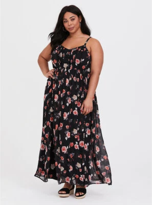 Maxi Vestido Para Mujer Tórrido Negro Floral Plisado Gasa Talla 0 12 Grande Nuevo Con Etiquetas Foto 1 de 4