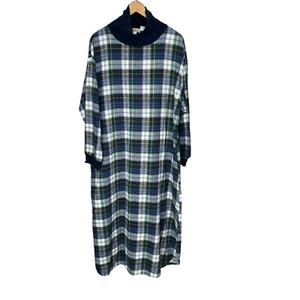 Vtg L.L. BEAN WOMEN'S LONG NIGHTGOWN PULLOVER PLAID FLANNEL Turtleneck L Blue - Picture 1 of 6