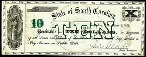 March 2, 1872 Columbia State Of South Carolina $10 Revenue Bond Scrip Obsolete - Picture 1 of 2