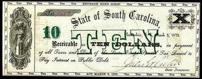 March 2, 1872 Columbia State Of South Carolina $10 Revenue Bond Scrip Obsolete - Image 1 of 2