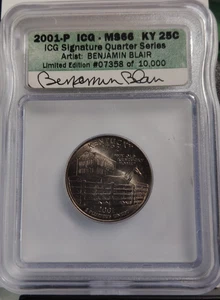 2001-P ICG MS66 KY 25C SIGNATURE SERIES ARTIST: BENJAMIN BLAIR AUTOGRAPH QUARTER - Picture 1 of 3