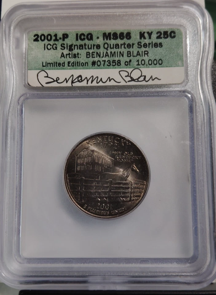 2001-P ICG MS66 KY 25C SIGNATURE SERIES ARTIST: BENJAMIN BLAIR AUTOGRAPH QUARTER - Image 1 of 3