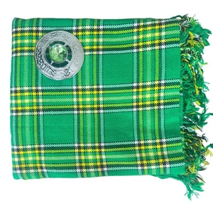 Irish Green Tartan Fly Plaid with Brooch – 48" x 48" Acrylic-Wool Highland Shawl - Picture 1 of 3
