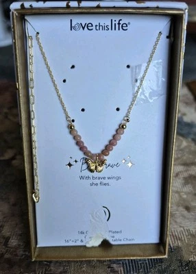 Collar Love This Life Damas Chapado en Oro Amarillo 14k Mariposa y Cuentas 16+2" Foto 1 de 4