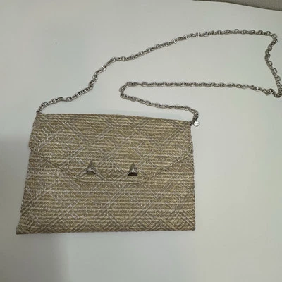 Stella Dot Silver Beige Metallic Woven Clutch Shoulder Crossbody Bag Purse P3  - Image 1 of 4