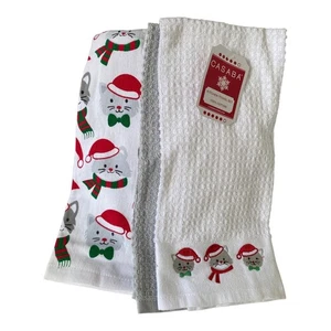 NWT Casaba Gray Christmas Cats in Stocking Hats 3 piece Xmas Kitchen Towel Set - Picture 1 of 4