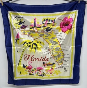 Bufanda de recuerdo FLORIDA de colección de los años 50 mapa estatal pre Disney rayón azul y amarillo - Imagen 1 de 20