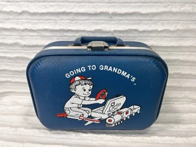 Vintage Going to Grandmas Suitcase Blue Hard Shell Airplane Football Train Boy - Image 1 of 4