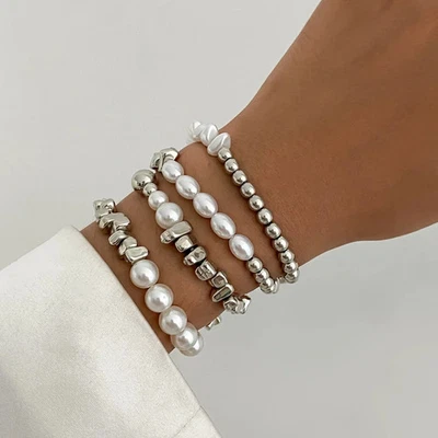 4 Pc CCB Bead Pearl Chain Bracelet Women Vintage Beach Layered Modern Jewelry - Image 1 of 4