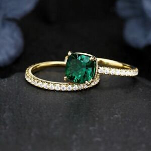 14kyellow gold plated silver-cushion cut lab created emerald women's bridal ring