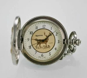Majestron Herren Taschenuhr Elch Silber Gold Flip Fob Wasser Res weiß beige Quarz - Bild 1 von 3