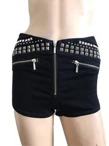 TOPSHOP STUD BLACK COTTON DENIM HIGH WAIST HOTPANTS SHORTS UK 8 EU 36 W26 S NEW - Picture 1 of 12