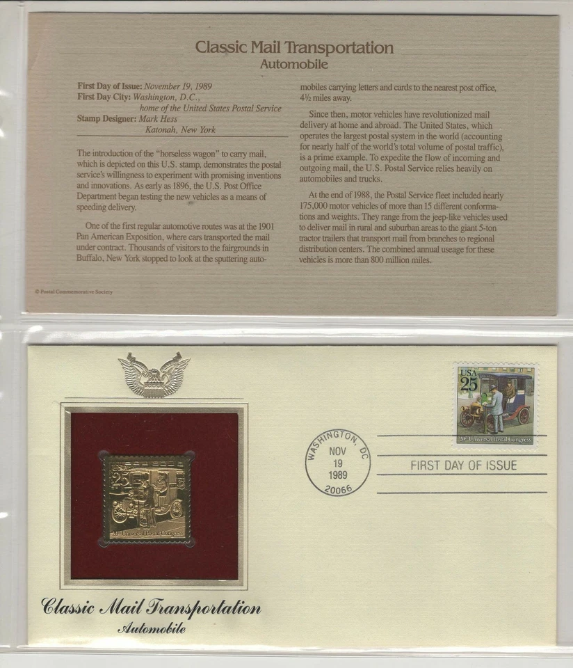 USA 1989 FIRST DAY COVER GOLD FOIL STAMP & CARD CLASSIC MAIL TRANSPORTATION AUTO - Image 1 of 1