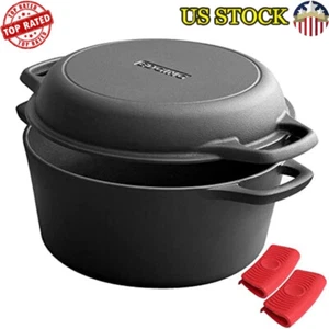 Pre-Seasoned Cast Iron Dutch Oven Skillet Pan Set Bread BBQ Cooking 5QT New - Picture 1 of 7