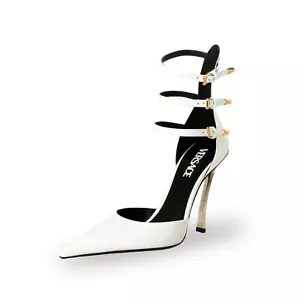 Versace Women's White Leather High Heel Ankle Strap Pumps Shoes US 9.5 IT 39.5 - Picture 1 of 8
