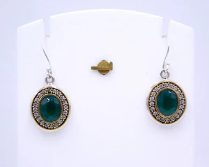 Lab-Created Emerald & C.Z. Stone 925 Sterling Silver Two Tone Earring Size 1.2" - Picture 1 of 4