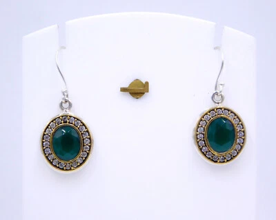 Lab-Created Emerald & C.Z. Stone 925 Sterling Silver Two Tone Earring Size 1.2" - Image 1 of 4