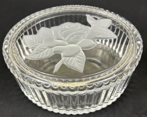 VTG Teleflora Crystal Glass Trinket/Powder Puff Dish - Frosted Rose Lid - Bild 1 von 7