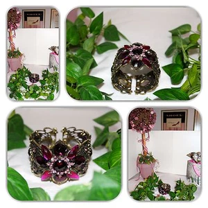 SOPHISTICATED PURPLE & GOLD PURPLE FLOWER CUFF BRACELET! - Picture 1 of 12