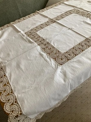 Tischdecke Leinen Häkeleinsatz u. super schönen Rand, 107x132 cm Shabby, Vintage - Bild 1 von 4
