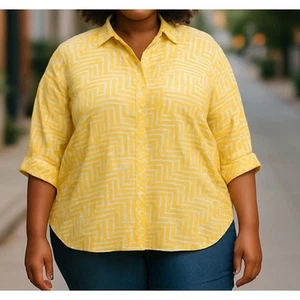 Chicos Womens XXL 100% Linen No Iron Blouse 3/4 Sleeve Yellow Geometric Button - Picture 1 of 6