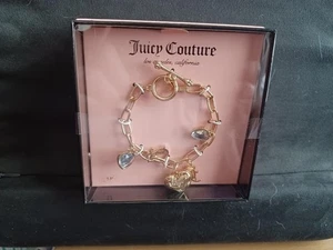 Juicy Couture Gold Toggle Bracelet with Heart Charms and JC Logos - Picture 1 of 1