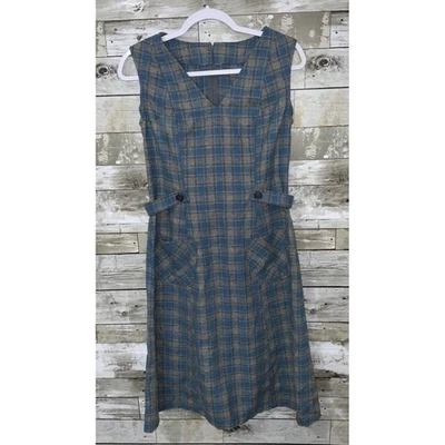 Vintage Womens Plaid Jumper Dress Blue/Gray Pockets - Image 1 of 4