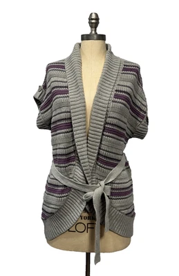 Sonoma Cardigan Sweater Womens M Gray Purple Striped Knit Belted Short Sleeve - Image 1 of 4