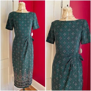 Vintage Deadstock 1980s Green Silk Indian Print White Lotus Style Sarong Dress S - Picture 1 of 8