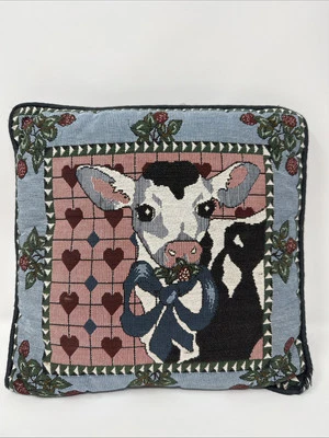Vtg Country Cow Throw Pillow 90s Farm Cottagecore Strawberry Decorative Tapestry - Image 1 of 4