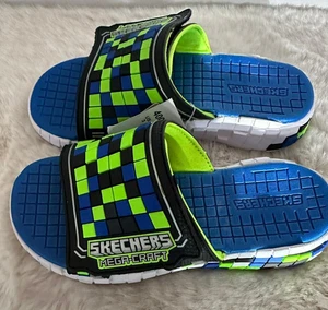 Skechers Mega Craft Cubosplash Sandals Kids 3 Blue Minecraft Slip On Slides - Picture 1 of 8
