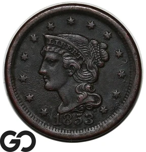 1853 Large Cent, Braided Hair - Picture 1 of 3