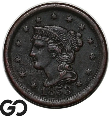 1853 Large Cent, Braided Hair - Image 1 of 3