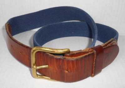 Vintage Polo Ralph Lauren Blue Leather/Canvas Wide Belt Solid Brass Buckle 34 - Image 1 of 4
