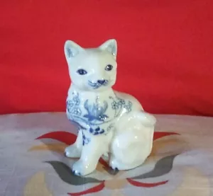Vintage White and Blue Porcelain Cat Figurine