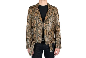 Men's Brown Exotic Snake Python Texture Leather Jacket Biker Motorcycle Jacket - Picture 1 of 4