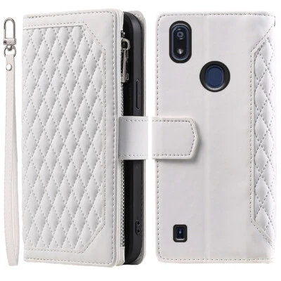 Estuche tipo billetera romboidal con cremallera de cuero para Verve Connect (ZTE Z6103), estuche para tarjetas abatible Foto 1 de 4