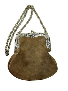 Vintage Brown Suede Shoulder Bag Boho Kiss Lock Silver Tone Floral Lion Design - Picture 1 of 8